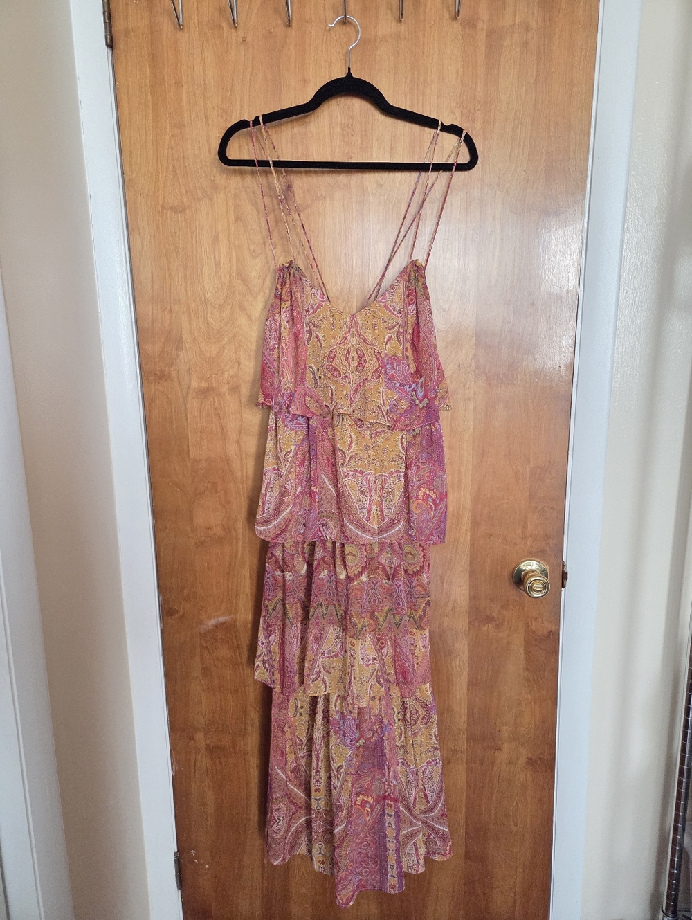 Zara Pink and Gold Paisley Tiered Maxi Dress